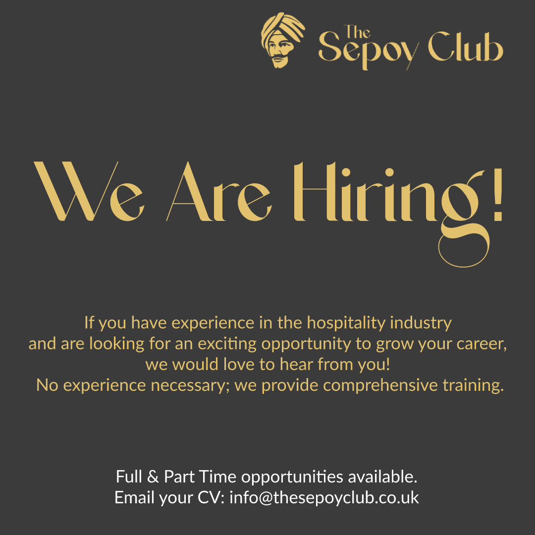TheSepoyClub's tweet photo. WE ARE HIRING!

If you have experience in the hospitality industry and are looking for an exciting opportunity to grow your career, we would love to hear from you. No experience necessary; we provide comprehensive training!

Email your CV: info@thesepoyclub.co.uk

#hiring #bath https://t.co/OjSwOYZYsX