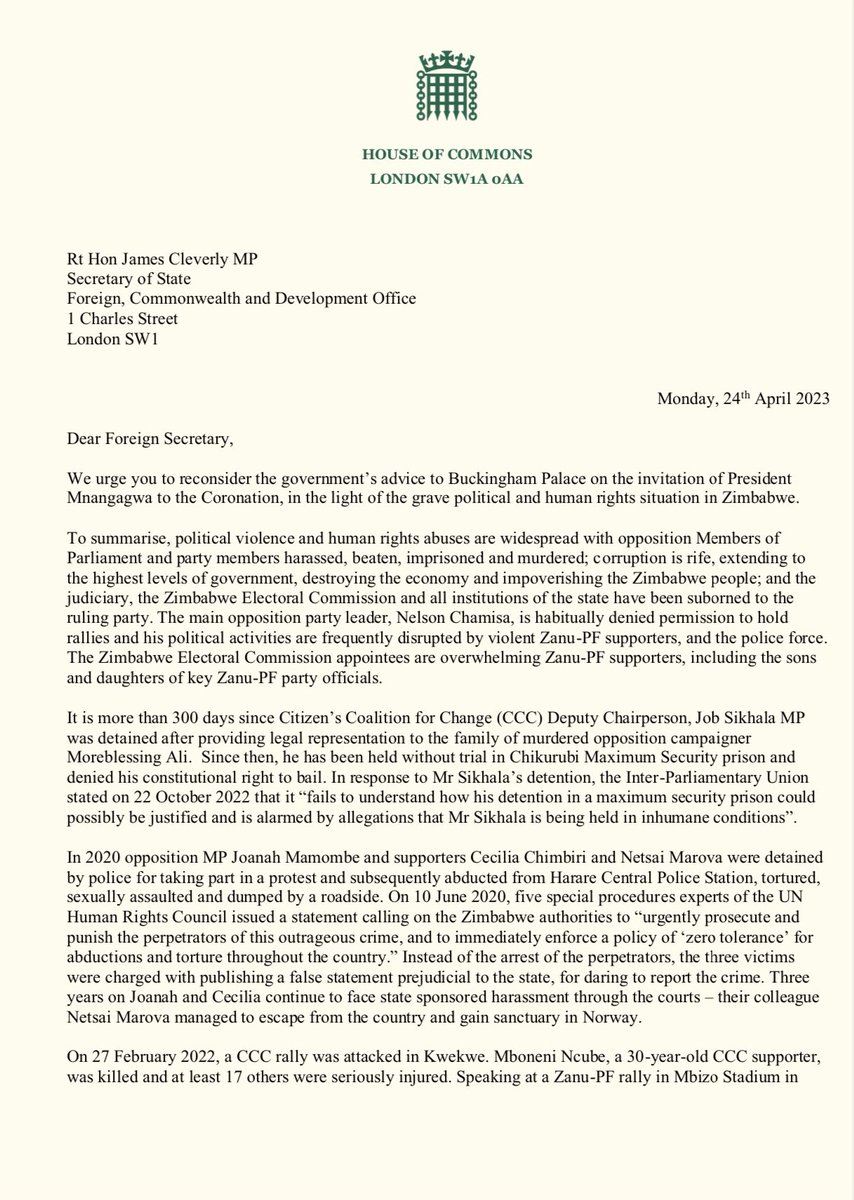 PacheduZW's tweet photo. The British Parliament wants the UK GVT to cancel Mnangagwa's invitation to the coronation of King Charles citing gross human rights abuses.

One of the preconditions is that Job Sikhala must be granted his right to bail.

We agree. 👏👏

RT if you agree as well!

@JamesCleverly https://t.co/Z1tNf2DmEc