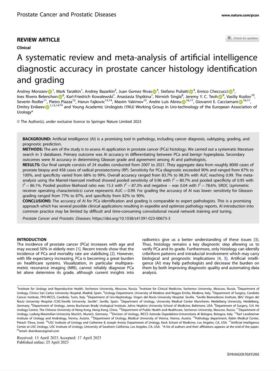 Mark Taratkin (@marktaratkin) on Twitter photo AI is on the rise❗️ <a href="/EAU_YAUroTech/">EAU Young Academics Urologist. Uro-Tech group</a> meta-analysis of AI in PCa pathology results:
1-accuracy ⬆️ 98%
2-expert level grading ✅
3-numerous possible applications
rdcu.be/daFWF
👏🏻to our experts team! <a href="/AndreyOMorozov/">Andrey Morozov</a> <a href="/Cacciamani_MD/">Dr. Giovanni E Cacciamani MD MSc FEBU 🇮🇹🇺🇸🇪🇺</a> <a href="/Dmitry_Enikeev/">Dmitry Enikeev</a> <a href="/JGomezRivas/">Juan Gómez Rivas</a> AI is on the rise❗️ <a href="/EAU_YAUroTech/">EAU Young Academics Urologist. Uro-Tech group</a> meta-analysis of AI in PCa pathology results:
1-accuracy ⬆️ 98%
2-expert level grading ✅
3-numerous possible applications
rdcu.be/daFWF
👏🏻to our experts team! <a href="/AndreyOMorozov/">Andrey Morozov</a> <a href="/Cacciamani_MD/">Dr. Giovanni E Cacciamani MD MSc FEBU 🇮🇹🇺🇸🇪🇺</a> <a href="/Dmitry_Enikeev/">Dmitry Enikeev</a> <a href="/JGomezRivas/">Juan Gómez Rivas</a>