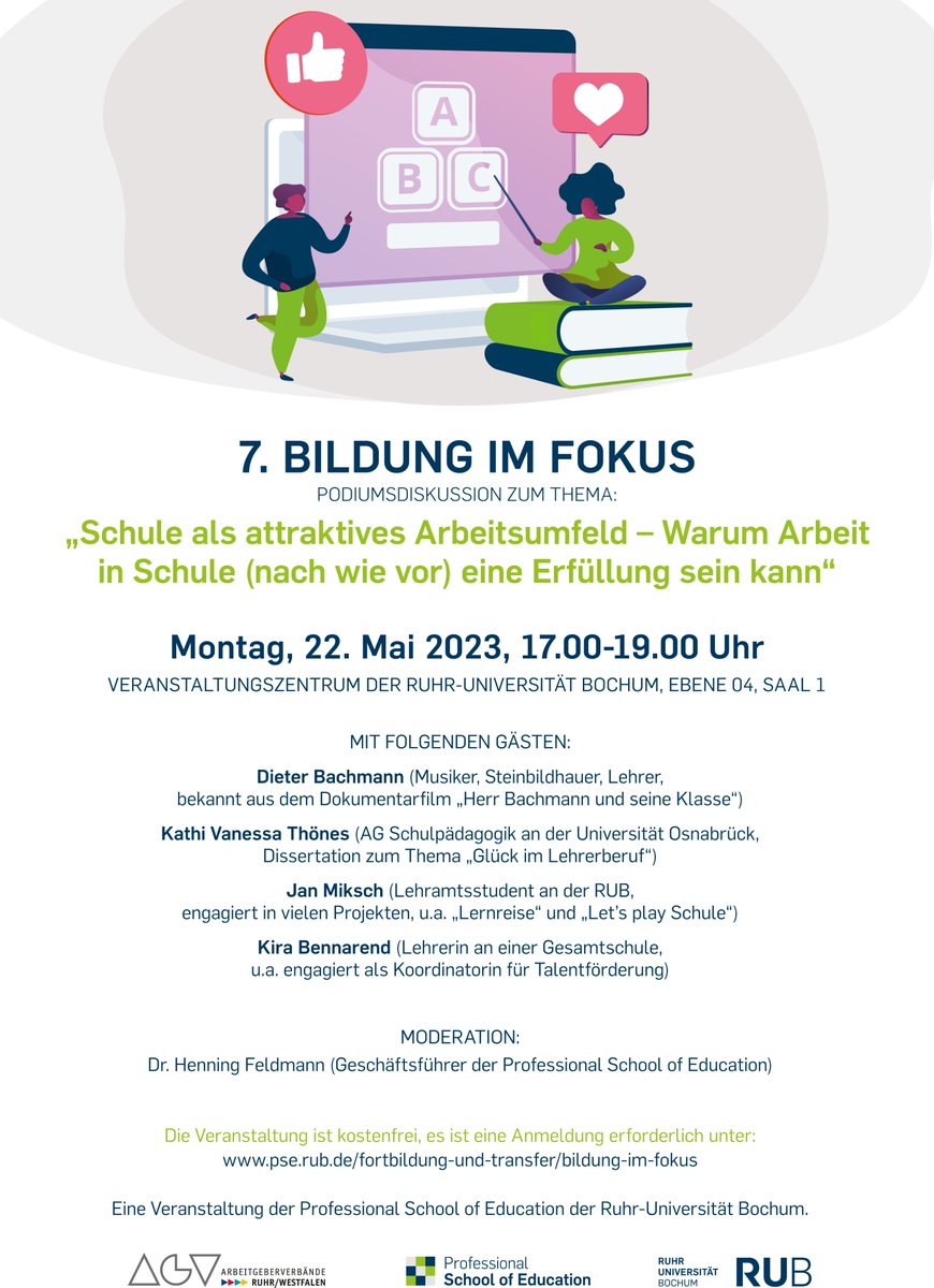 Professional School of Education, Ruhr-Universität (@pserub) on Twitter photo 7. #BildungImFokus:
#Schule als attraktives Arbeitsumfeld – Warum Arbeit in Schule (nach wie vor) eine Erfüllung sein kann, u.a. mit Dieter Bachmann.
Mo, 22. Mai um 17 Uhr im Veranstaltungszentrum der <a href="/ruhrunibochum/">Ruhr-Universität Bochum</a>
Zur Anmeldung: pse.rub.de/fortbildung-un…
#twlz #twittercampus 7. #BildungImFokus:
#Schule als attraktives Arbeitsumfeld – Warum Arbeit in Schule (nach wie vor) eine Erfüllung sein kann, u.a. mit Dieter Bachmann.
Mo, 22. Mai um 17 Uhr im Veranstaltungszentrum der <a href="/ruhrunibochum/">Ruhr-Universität Bochum</a>
Zur Anmeldung: pse.rub.de/fortbildung-un…
#twlz #twittercampus