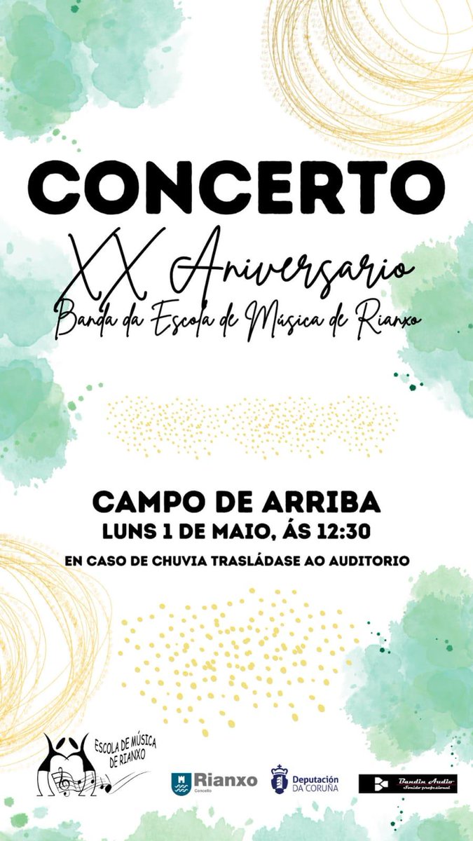 A Banda da Escola de Música de Rianxo ofrecerá un concerto con motivo do primeiro de maio, enmarcado nos actos conmemorativos do XX aniversario da súa fundación. O concerto terá lugar o luns 01 de maio ás 12:30 horas no Campo de Arriba de Rianxo. concelloderianxo.gal/cultura/-/blog…