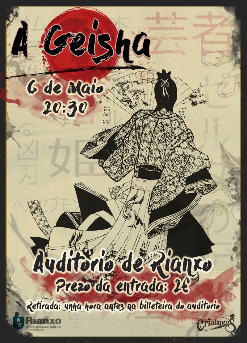 A Agrupación Teatral Criaturas presentará "A Geisha", unha obra de teatro que promete transportar ao público a un mundo de intriga, amor e traizón. A representación terá lugar o sábado 06 de maio ás 20:30 horas na sala Arcos Moldes do Auditorio de Rianxo. concelloderianxo.gal/cultura/-/blog…