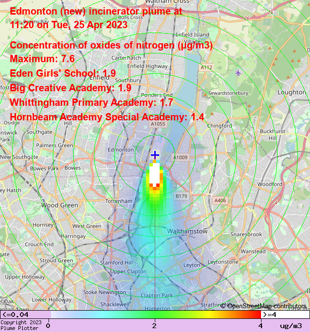 plumeplotter's tweet photo. Latest Edmonton (new) incinerator plume plot,  11:20 25/04/23 #HighamHill #LeaBridge #LowerClapton  https://t.co/ue2w4O0AUu https://t.co/pbwwsljmI7