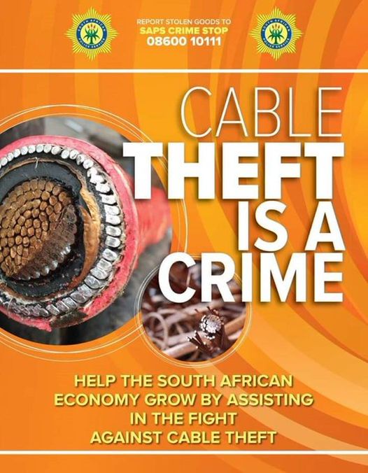 Cable theft is one of the main reasons for constant power outages! Report cable theft to the Police on 08600 10111 or the Eskom Crime Line 0800 11 27 22 (toll-free), or to your local municipality. #EnergySafety #CableTheft
@GCISGauteng @GovernmentZA @GCIS_IRC @GautengProvince