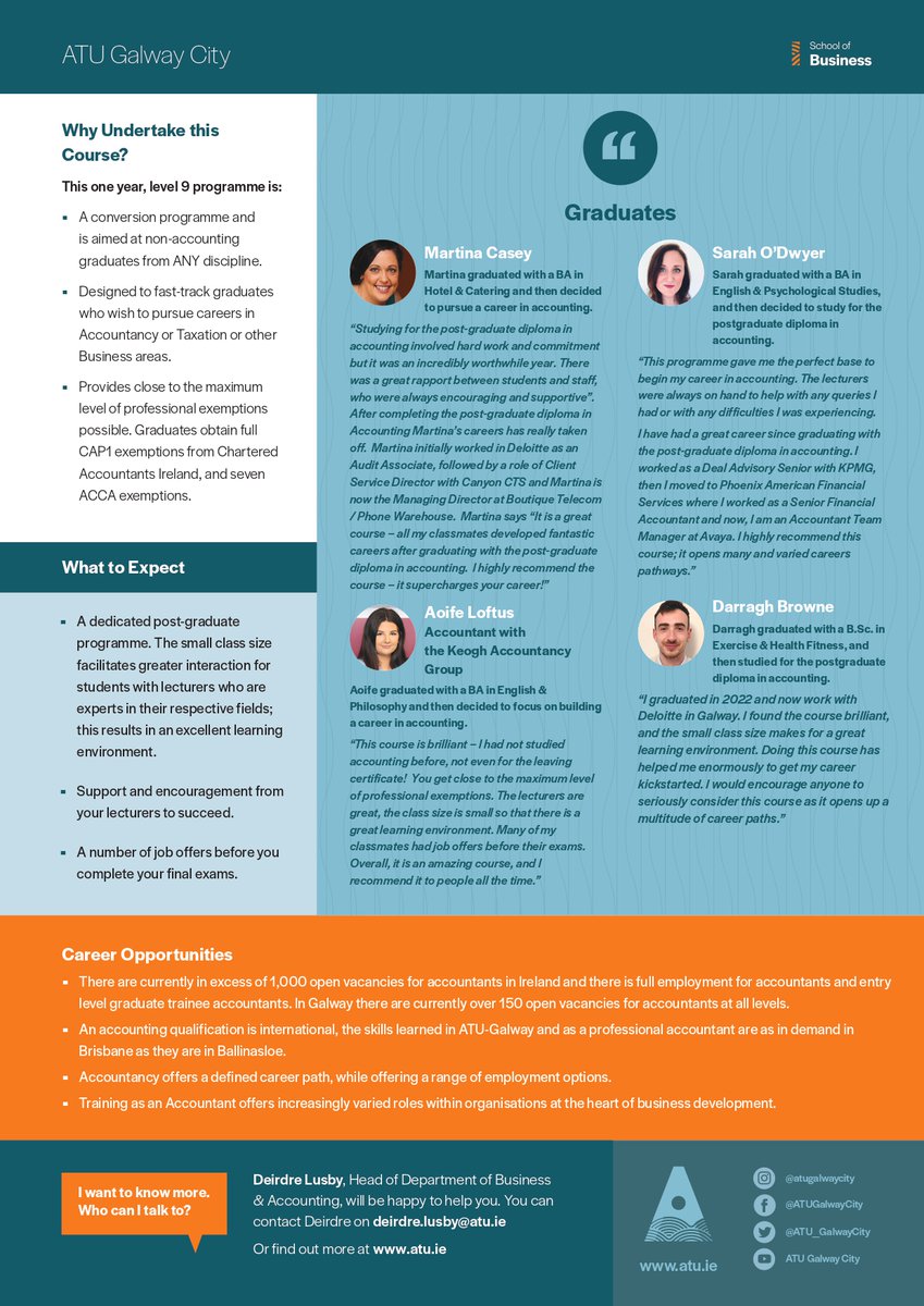 Are you thinking about a Post Graduate Diploma in Accounting?

There are currently over 1,000 open accounting positions in Ireland, 150 of them located in Galway so it's the perfect time to launch a career in Accounting.

#ATUCareers