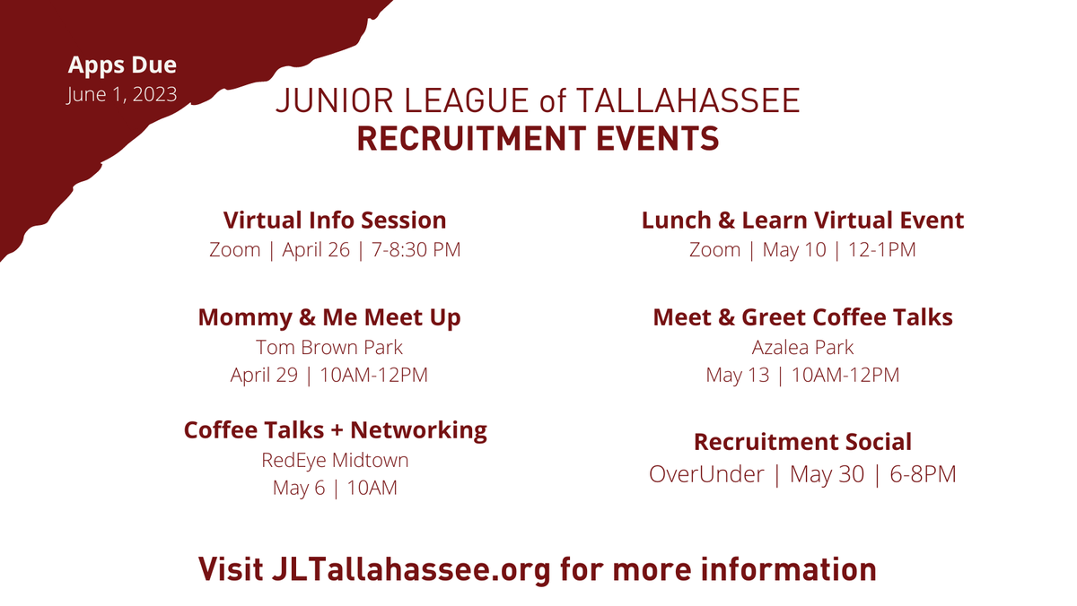 Calling all women with an interest in volunteerism &amp; a commitment to community service in the Big Bend! Membership in JLT is an invaluable networking &amp; professional development opportunity. 

Complete app by 6/1 >>  bit.ly/3Uj3rm9

#JLTallahassee #JuniorLeague #JLTImpact