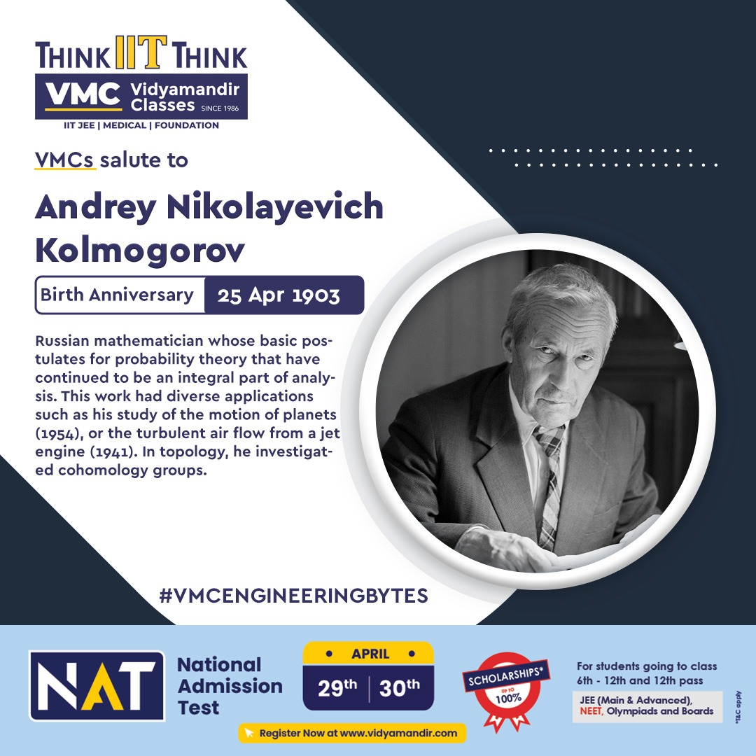 VMCChennai's tweet image. VMC Salute to Andrey Nikolayevich Kolmogorov Russian mathematician whose basic postulates for probability theory that have continued to be an integral part of analysis.
#VMC #VidyamandirClasses#VMCEngineeringBytes#AndreyNikolayevichKolmogorov#Mathematician #ProbabilityTheory