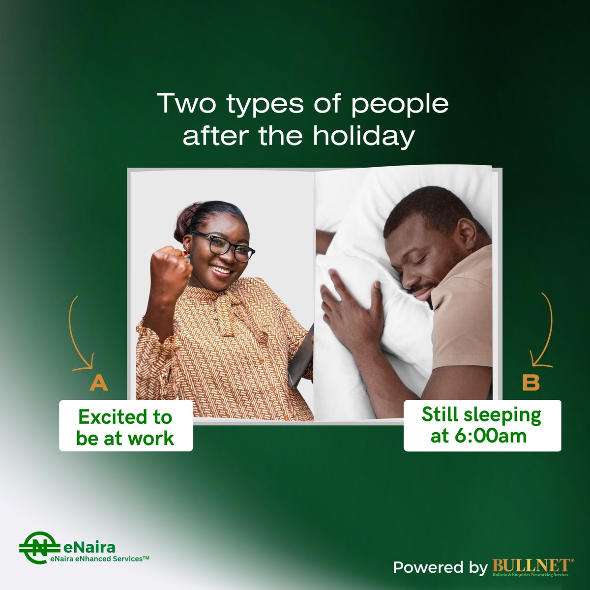 Which one are you?☹️

Whichever one you choose to be, eNaira is always there for you.

Simply dial *997*50# to register and start enjoying seamless transactions🙌.

We wish you a productive week!

#paymentgateway #onlinepayments✔️ #enaira #safepayments