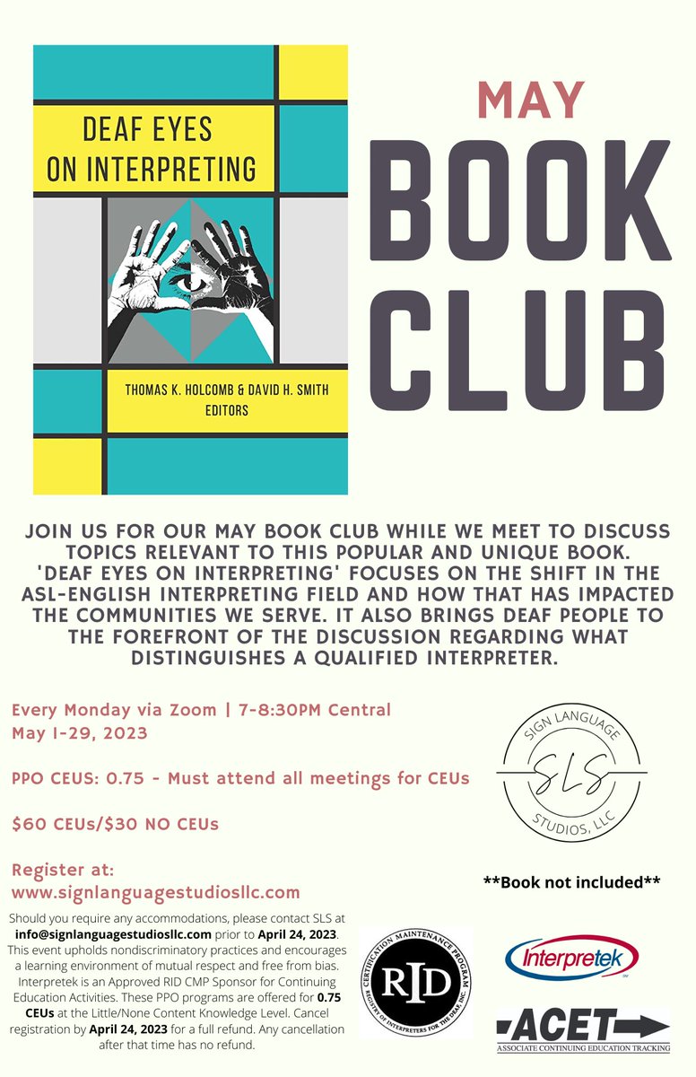 SLSNashville's tweet photo. You don’t want to miss out on this exciting book club that starts in just a few days! We have been told that this book has helped interpreters advance their skills in ways that no other book could. 

Want to join but don’t need CEUs? Use code NOCEUS at check out for 50% off! https://t.co/s7Rl3SuNHT