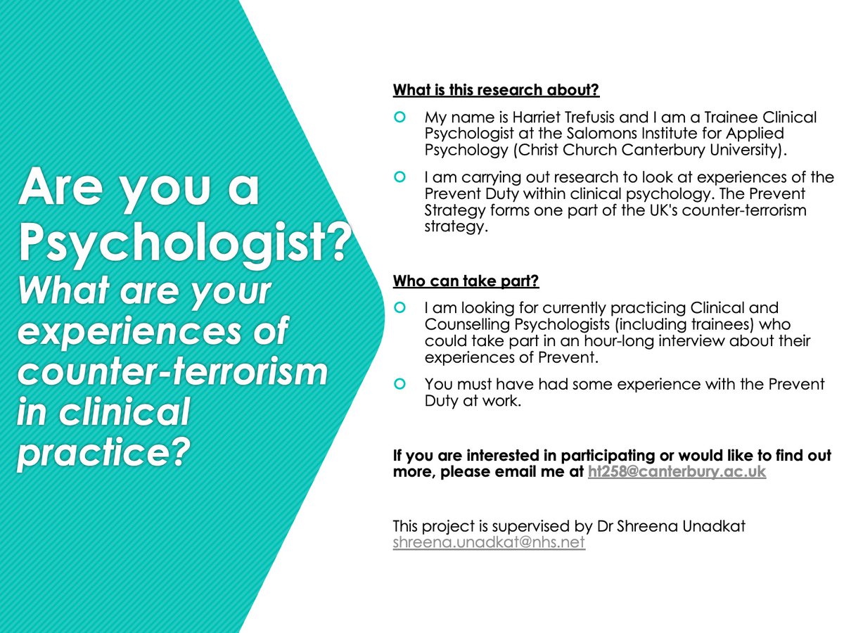 Are you a Psychologist? Still looking for participants to contribute experiences of Prevent in a research interview. See flyer and please reshare!