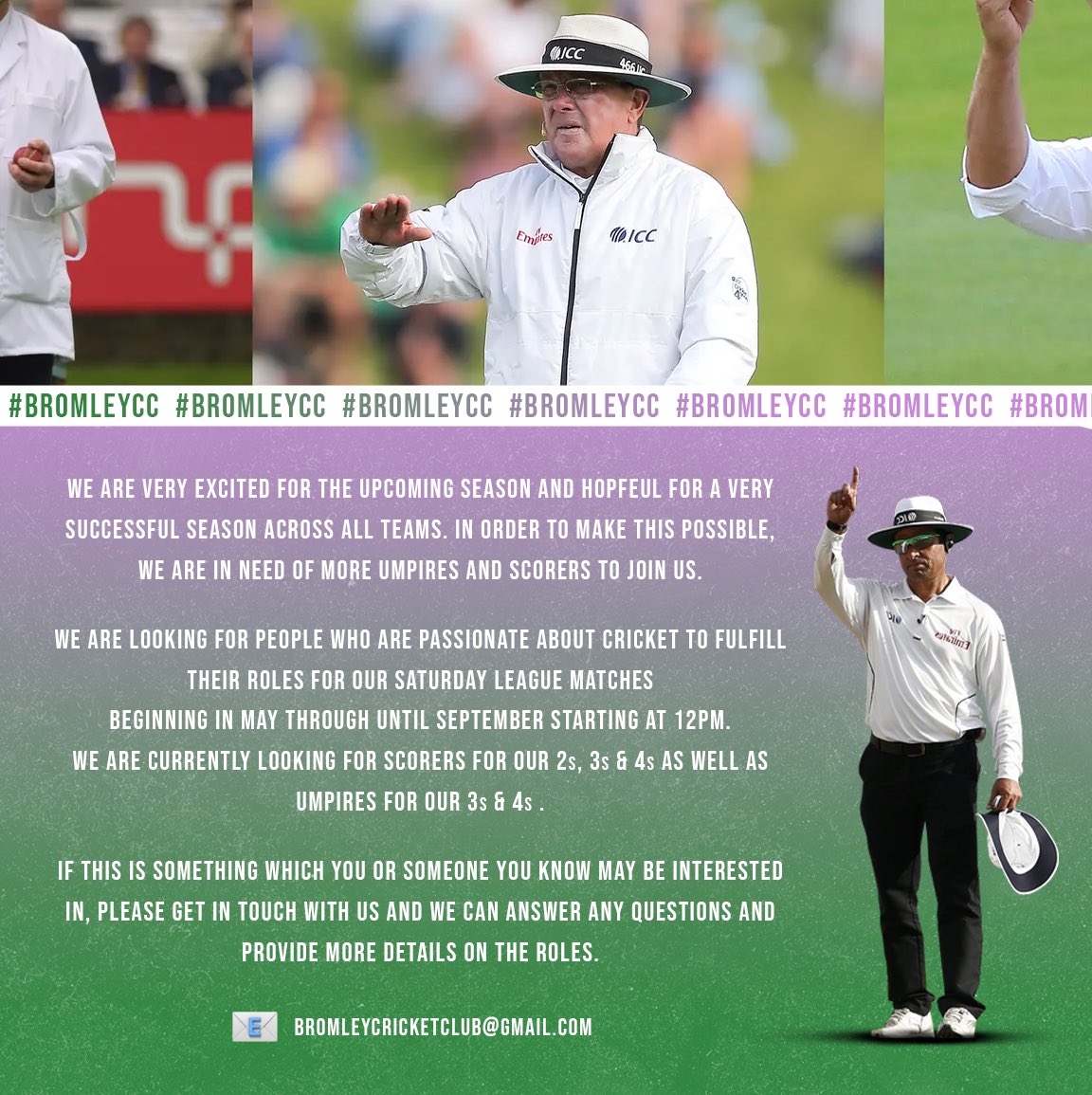 Bromley_CC's tweet photo. 🏏Umpires and Scorers wanted!

We are currently looking for scorers for our 2s, 3s &amp; 4s as well as Umpires for our 3s &amp; 4s!

DM us or email: bromleycricketclub@gmail.com for more details &amp; questions!

#BromleyCC https://t.co/lAXxdwSmA4