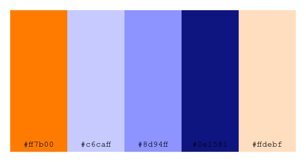 ColPaletteBot's tweet photo. Beep beep, here's a pretty color palette for you!
color-scheme.js parameters used:
- hue: 42
- variation: default
- colors: #ff7b00, #c6caff, #8d94ff, #0e1581, #ffdebf
Have a lovely day!
#twitterbot #colorpalette #colors #palette #prettycolors https://t.co/DhOQcr6USp