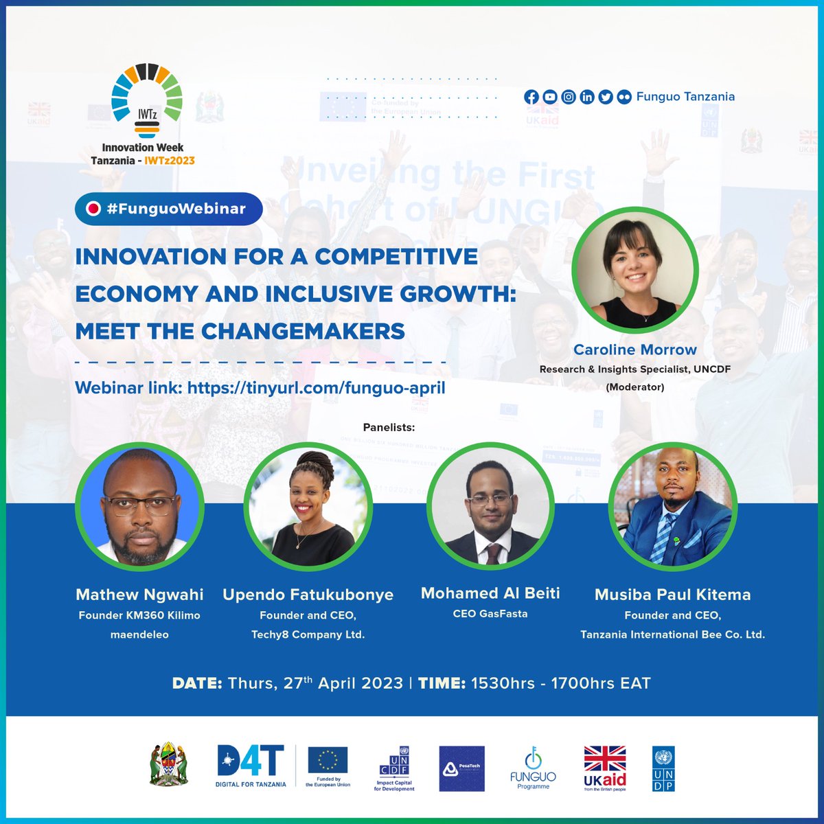 Join us for the Second episode of the <a href="/funguo_tz/">Funguo Tanzania</a> webinar series, in p/ship with @UNCDFdigital , as we celebrate #IWTz2023 with the theme "Innovation for a Competitive Economy and Inclusive Growth: Meet the Changemakers".  Register now at bit.ly/3AqpD4D 1/2