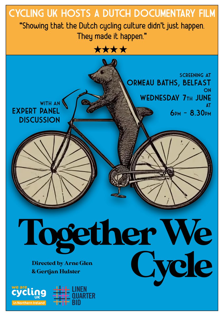 CyclingUK_NI's tweet photo. FILM EVENT 7th June
'Together We Cycle'
Investigating the critical events leading to the revival of the Dutch cycling culture
Followed by a discussion about how the lessons can be applied here in Northern Ireland
Free tickets here: https://t.co/fwFUInJ3cz https://t.co/SKhzB7CIja