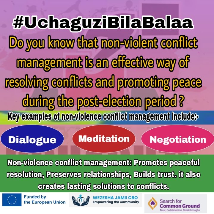 WejaCBO's tweet photo. #UchaguziBilaBalaa 
Non-violence conflict management is an effective way of resolving conflicts during this post election period

It includes Dialogue, mediation and Negotiations 

Activity supported by @SFCG_Kenya  courtesy of the #UchaguziBilaBalaa project funded bu @EUinKenya https://t.co/E3fSCPLKvd