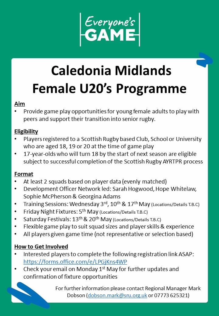 MarkDobsonRugby's tweet photo. 🚨 The Female component of the Caledonia Midlands U20's Programme is now open to players from all Scottish Rugby Regions 🏉

Further info in the flyer ⬇️

🔗 To register: https://t.co/6kSyvfTEDJ

@SarahHogwood
@PEMissAdams
@SophieMcrugby
@Jess_WGRugby
@Whitelaw_H https://t.co/tfmVgyWM7E