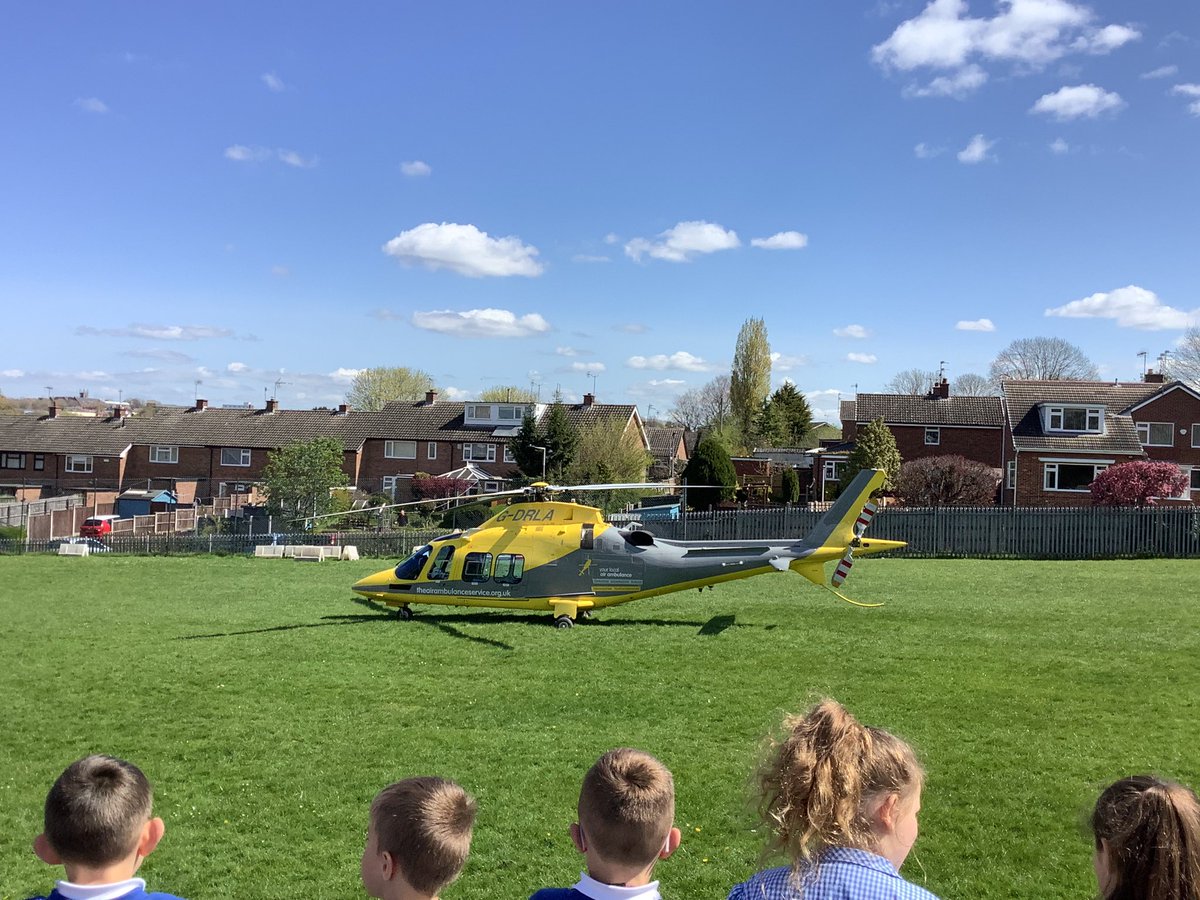 Mrs_CGrainger's tweet photo. Very excited to see the Air Ambulance land on our school field this morning. @MapleTreeLW @LadywoodKH @embarkfed @AirAmbulancesUK https://t.co/6JWjEJ6u5W