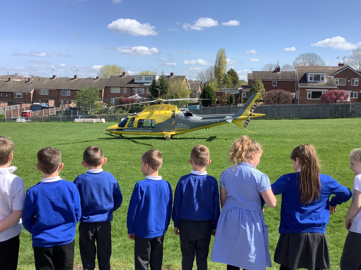Mrs_CGrainger's tweet photo. Very excited to see the Air Ambulance land on our school field this morning. @MapleTreeLW @LadywoodKH @embarkfed @AirAmbulancesUK https://t.co/6JWjEJ6u5W