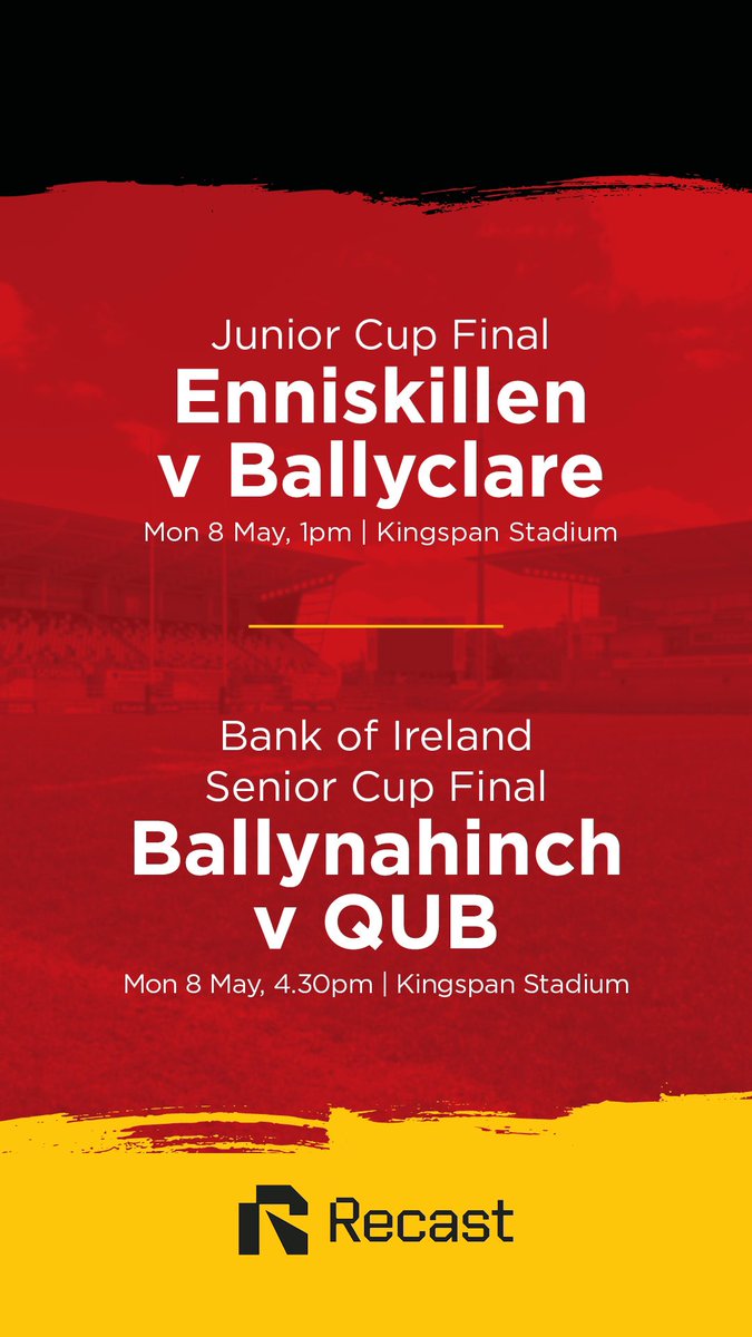 Rugby in Ulster (@ulsterbranch) on Twitter photo Looking forward to another big day of Cup Finals at Kingspan Stadium!
🏆 Junior Cup: <a href="/EknRugby/">Enniskillen RFC</a> v <a href="/Ballyclare_RFC/">Ballyclare RFC</a>
🏆 <a href="/bankofireland/">Bank of Ireland</a> Senior Cup: <a href="/HinchRFC/">Ballynahinch RFC</a> v <a href="/qubrfc/">QUB_RUGBY</a>
📺 Both games will be live-streamed on our Recast Channel.
Find tickets👇
ticketmaster.ie/ulster-rugby-t… Looking forward to another big day of Cup Finals at Kingspan Stadium!
🏆 Junior Cup: <a href="/EknRugby/">Enniskillen RFC</a> v <a href="/Ballyclare_RFC/">Ballyclare RFC</a>
🏆 <a href="/bankofireland/">Bank of Ireland</a> Senior Cup: <a href="/HinchRFC/">Ballynahinch RFC</a> v <a href="/qubrfc/">QUB_RUGBY</a>
📺 Both games will be live-streamed on our Recast Channel.
Find tickets👇
ticketmaster.ie/ulster-rugby-t…