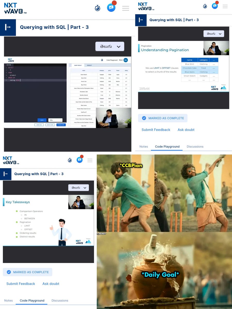 chandukuruvaa's tweet image. Hello Folks
As a Part of #aprilcodechallenge, I have completed Querying with SQL | Part - 3 👨🏻💻
Thanks to @rahulattuluri Sir, @sashankreddy07 Sir, @girishakash13 Sir, @avinashdara Sir and @nxtwave_tech Team
#1hourofcode #sql #ccbphour #ccbpacademy #consistencyiskey #nxtwave