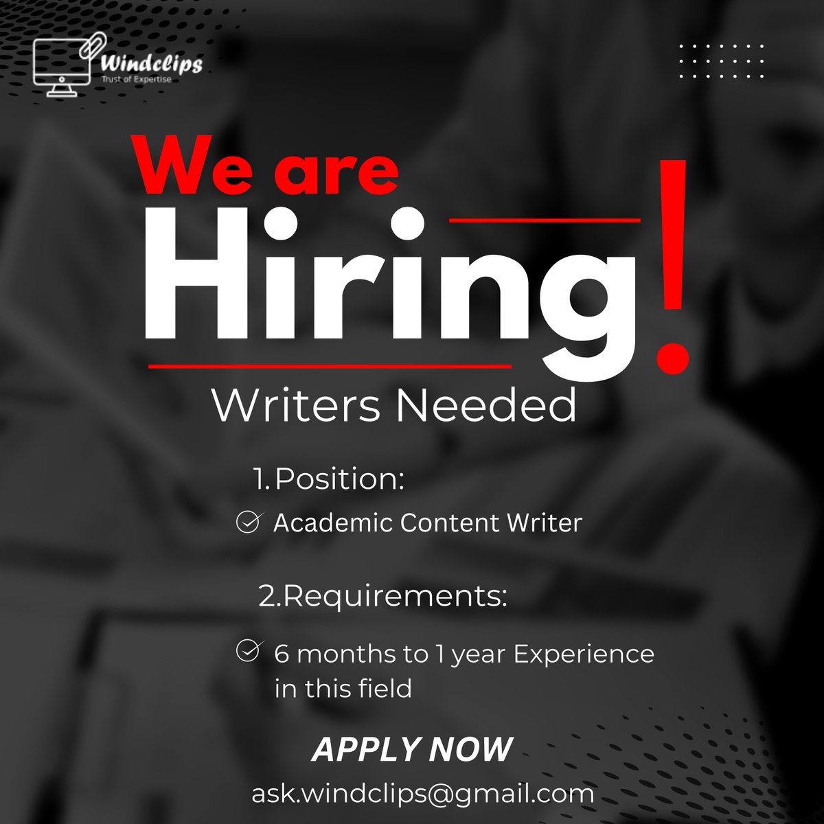 clips_wind's tweet photo. Hiring Alert!💥💥

We are looking for the Academic content writer with relevant expertise

For more details DM us.
Mail your CV at ask.windclips@gmail.com

#job #hiring #vacancy #academicwriting #content #academicwriter #marketing #digitalmarketersindia #jobsinindia https://t.co/Y5teSIEdmB