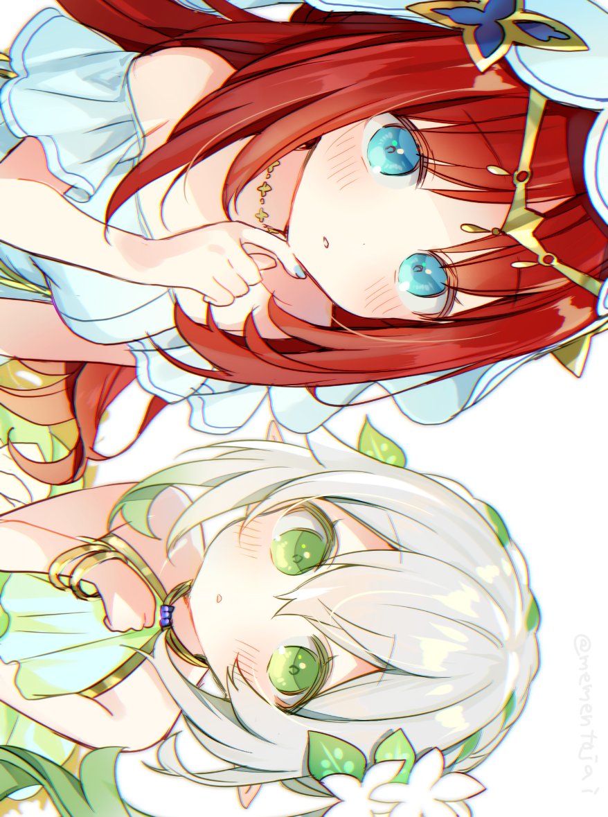 nahida (genshin impact) ,nilou (genshin impact) 2girls multiple girls red hair long hair green eyes hair ornament white background  illustration images