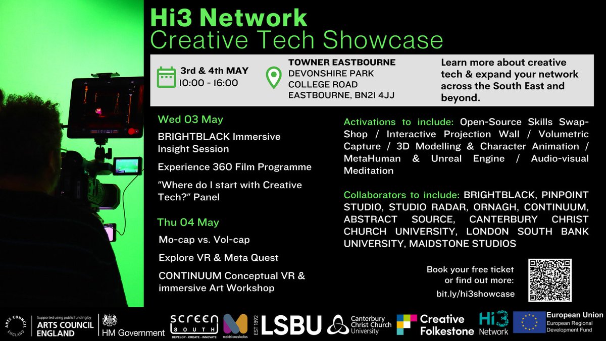 🚨 ONE WEEK TO GO!
Get hands-on with exciting new tech that's revolutionising modern art at Screen South &amp; Hi3 Network's two-day Creative Tech Showcase at the Towner Gallery, Eastbourne!

Visit bit.ly/hi3showcase to book your place or download the full agenda!
