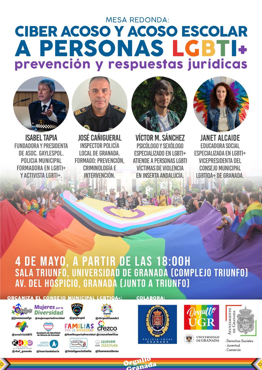 El próximo 4 de mayo a las 18.00 h en la sala Triunfo de la <a href="/CanalUGR/">Universidad Granada</a> habrá una mesa redonda para hablar sobre prevención del ciber acoso y acoso escolar!