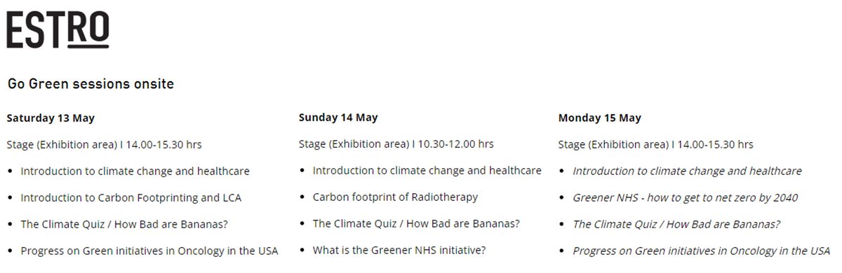 🌍With the build up to #ESTRO23 starting I just wanted to highlight the #sustainability sessions (1 each day) that will be on The Stage (in the exhibition area) in Vienna. 📅Come and join us! More info 👉 estro.org/Congresses/EST… @ESTRO_RT @LichterKatie @KariTanderup