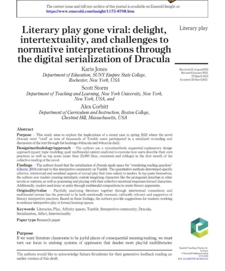 NYU Steinhardt Teaching and Learning (@nyuteach) on Twitter photo #Congratulations to NYU English Education doctoral student Dr. <a href="/ScottWStorm/">Scott Storm</a> and NYU doctoral alum + SUNY Empire State Assistant Professor Dr. @Karis_M_Jones on their most recent publication in English Teaching: Practice & Critique! 🎉researchgate.net/publication/37… #Congratulations to NYU English Education doctoral student Dr. <a href="/ScottWStorm/">Scott Storm</a> and NYU doctoral alum + SUNY Empire State Assistant Professor Dr. @Karis_M_Jones on their most recent publication in English Teaching: Practice & Critique! 🎉researchgate.net/publication/37…