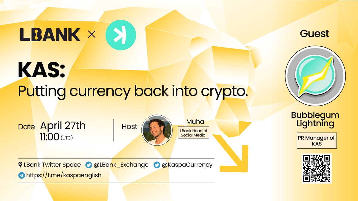 🎙 Join us for the Twitter Space with $KAS

🗣 Guest: Bubblegum Lightning, PR Manager

🗓 Apr 27, 11PM (UTC)

👉🏻 Set your reminder here: bit.ly/3L4gVxW

🎁 $1,500 in $KAS for grabs
1️⃣ Follow me  &amp; <a href="/KaspaCurrency/">Kaspa City</a>
2️⃣ RT &amp; tag 3 friends
3️⃣ Fill out: bit.ly/3V4pMnP