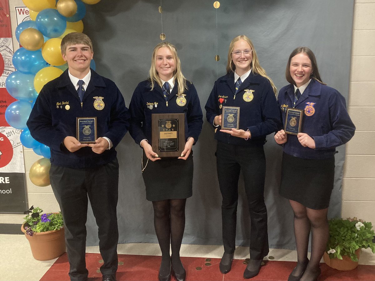 holtonFFA's tweet photo. Congrats to our members on an outstanding NE District Banquet. 1st Place Chapter in CDE Sweepstakes, Maddy B Elected District Reporter, 4 District Stars, 6 Proficiency Winners, Numerous CDE Winners Recognized. Great job everyone. #weareholton https://t.co/LQzLZqFyWe