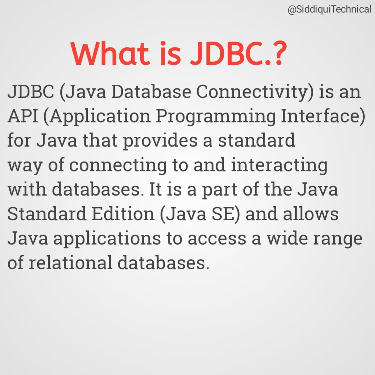 Learn a little bit of JDBC in Java.

#softwaredeveloper #softwareengineering #siddiquitechnical #javaframework #javaobjectoriented #javatutorial #javainterview
#javamethods
#javafunctionality
#javaindustry
#javawork
#javacareer
#javajobs
#javainterview
#javaquestions
#javaquiz