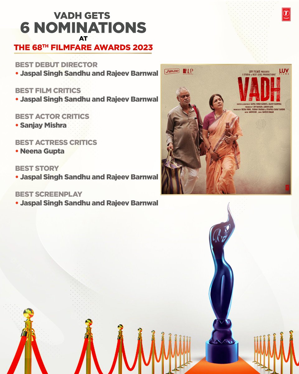 TSeries's tweet photo. We are delighted to be nominated for 6 different categories at the 68th @filmfare Awards.

@imsanjaimishra @Neenagupta001 #SaurabhSachdeva @manavvij786 @J_Studio_ #RajeevBarnwal @luv_ranjan @gargankur @NeerajRuhil21 @subhav86sharma https://t.co/E8KiOdHROx