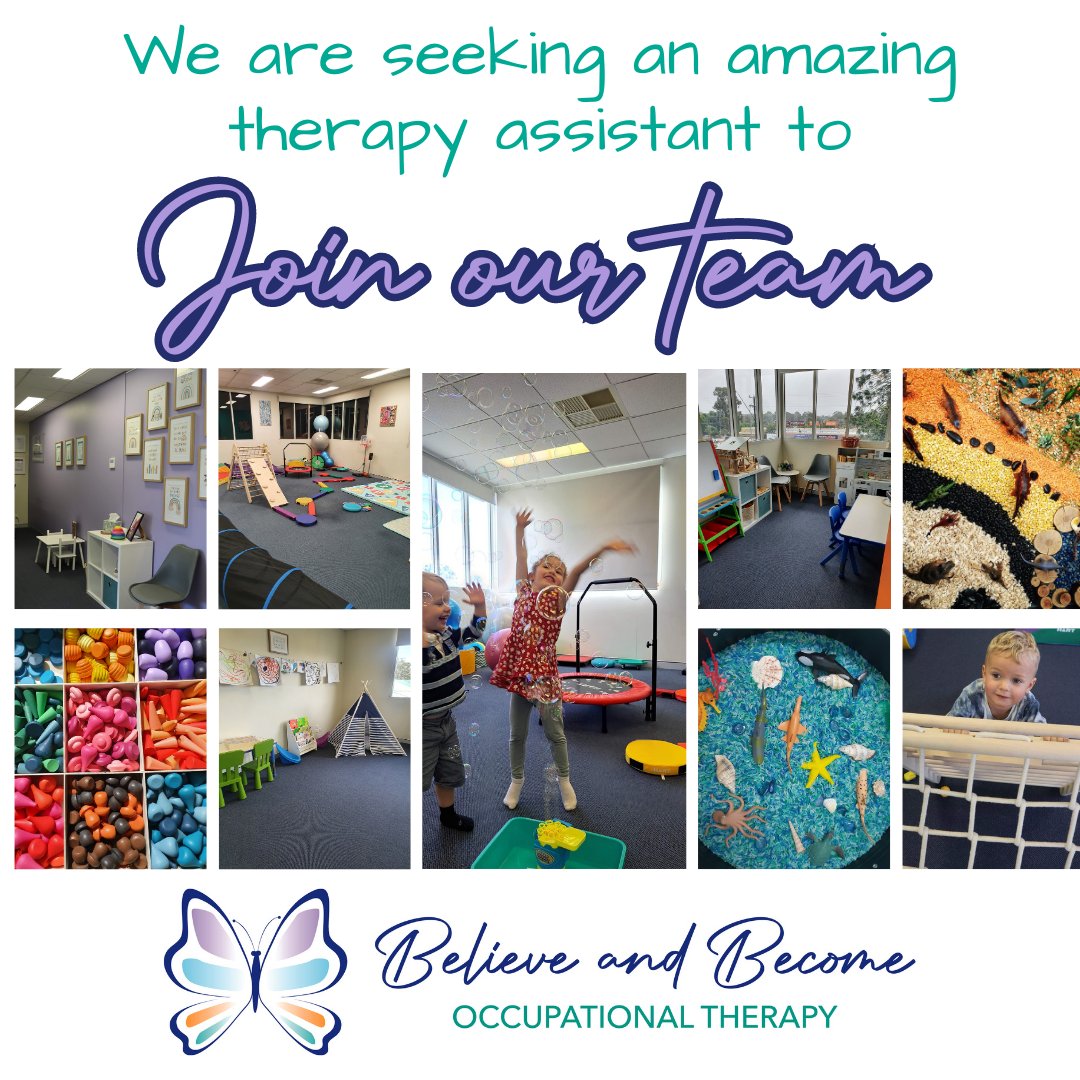 Disability_OT's tweet image. Seeking an awesome OT Assistant to join our team! Find out more at believeandbecome.com.au or contact me. Applications close 12 May.