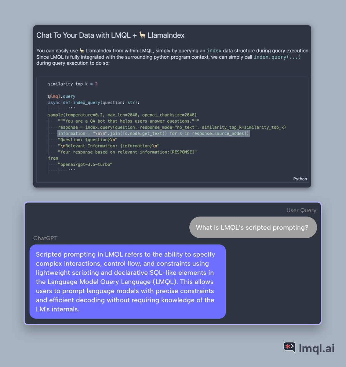 lmqllang's tweet photo. ⚡️LMQL x 🦙 Index: Happy to announce that @lmqllang now supports @gpt_index's powerful index data structures directly from within your query code.
This simplifies Chat To Your Data use case like shown below, but also many other, advanced retrieval workloads.
#lmql #llama_index https://t.co/XFvVXYVunO
