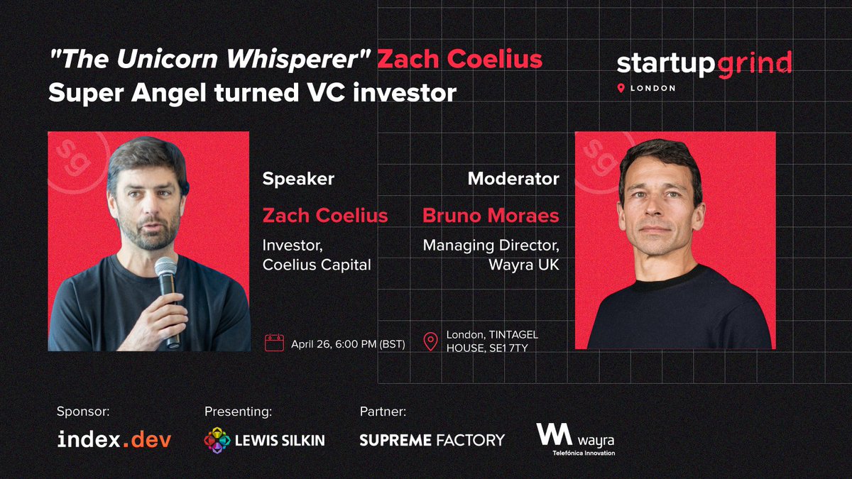 indexdotdev's tweet image. Hey #London CEOs,  
ready to learn the ins and outs of early-stage tech investing?

Index.dev has partnered with @StartupGrind to bring you an exclusive #fireside chat with @zachcoelius , aka ‘The Unicorn Whisperer’!

Don’t miss out!

#startupgrind