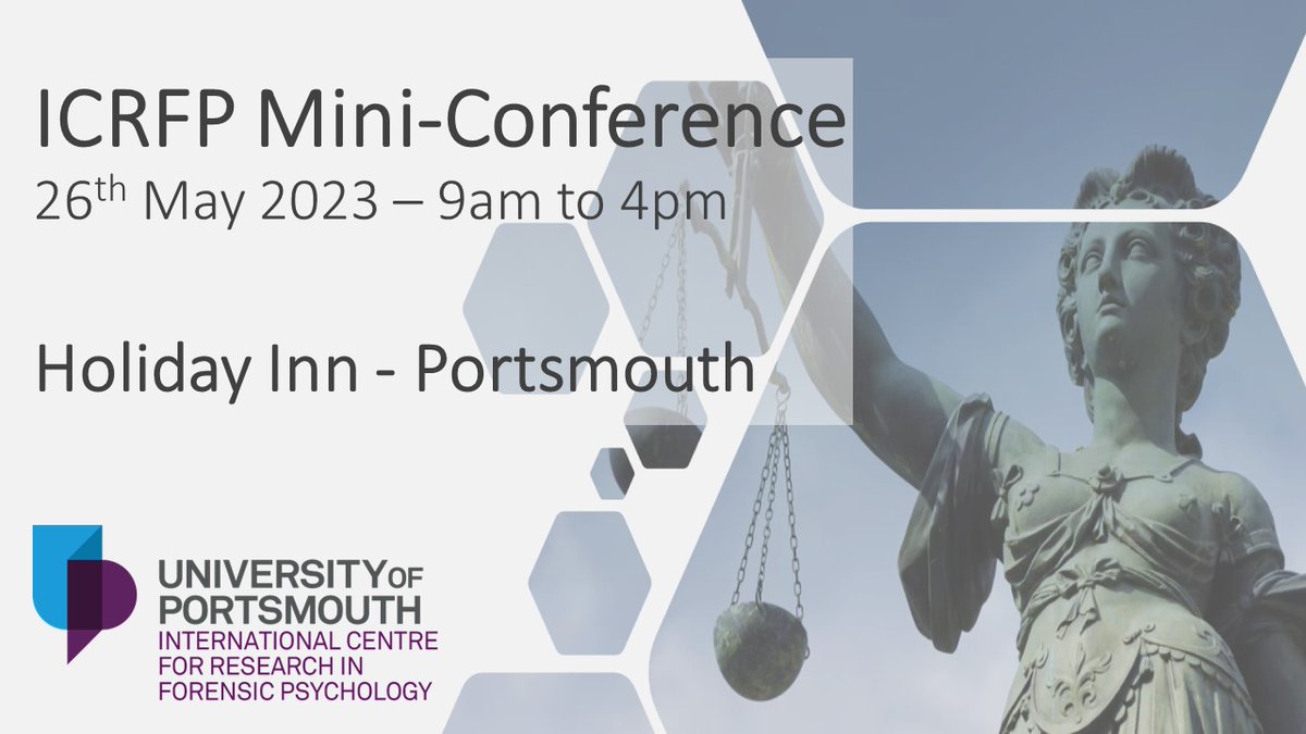 Nearby colleagues, join us for our ICRFP Mini-Conference on 26th May 2023!

An exciting one-day schedule of research talks in forensic psychology from our internal and external members.

No registration fees but limited spaces available.

Registrations:
portsmouthpsych.eu.qualtrics.com/jfe/form/SV_b8…