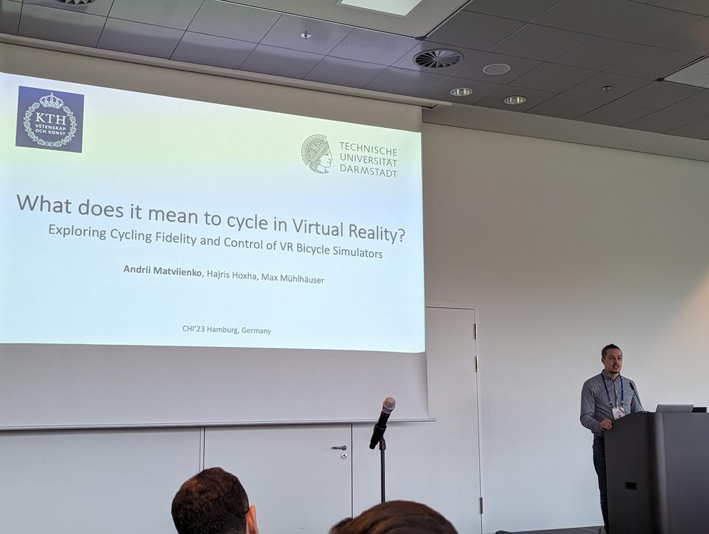 @matviienkoa presenting his amazing work on 'What does it mean to cycle in Virtual Reality? Exploring Cycling Fidelity and Control of VR Bicycle Simulators' at #CHI2023
For more info check the paper: 
dl.acm.org/doi/10.1145/35…