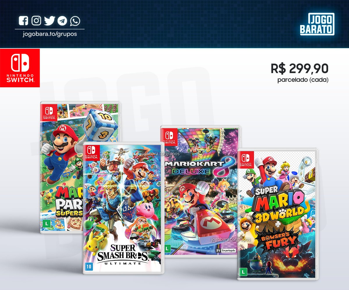 4 jogos do Mario para Nintendo Switch por R$ 299,90 na