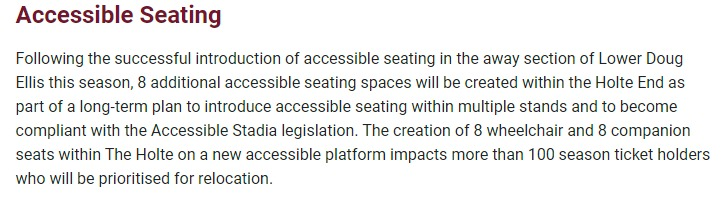 So Lower Holte L4 - seems they are taking out 110 seats for 8 wheelchair spaces. Zero comms from the club to those affected. Feck knows where they are going to accommodate us that sit together. Only been there since it opened. <a href="/AVFCOfficial/">Aston Villa</a> <a href="/AVFCSupport/">AVFC Support</a> care to comment? #avfc
