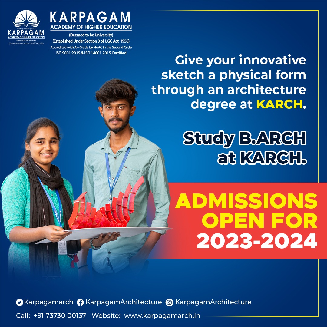 wekarpagamarch's tweet image. Are you fascinated by buildings and architecture? Then study B.Arch at Karpagam Architecture which fosters your creative skills and unlocks your potential. Join Architecture at KARCH.
Admissions are open for the academic year 2023-2024.
#Architecture #Design #ArchitectureColleges