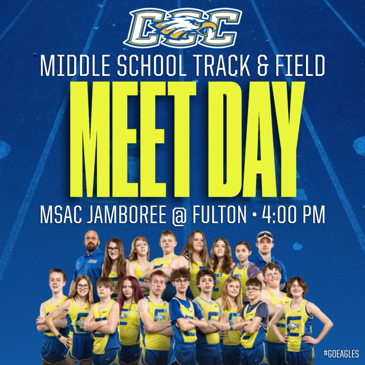 CCC_Eagles's tweet photo. MIDDLE SCHOOL TRACK &amp; FIELD
MSAC JAMBOREE @ FULTON
TODAY - APRIL 25th
Field Events = 4:00pm
Running Events = 4:30pm https://t.co/xL1OP68YMH