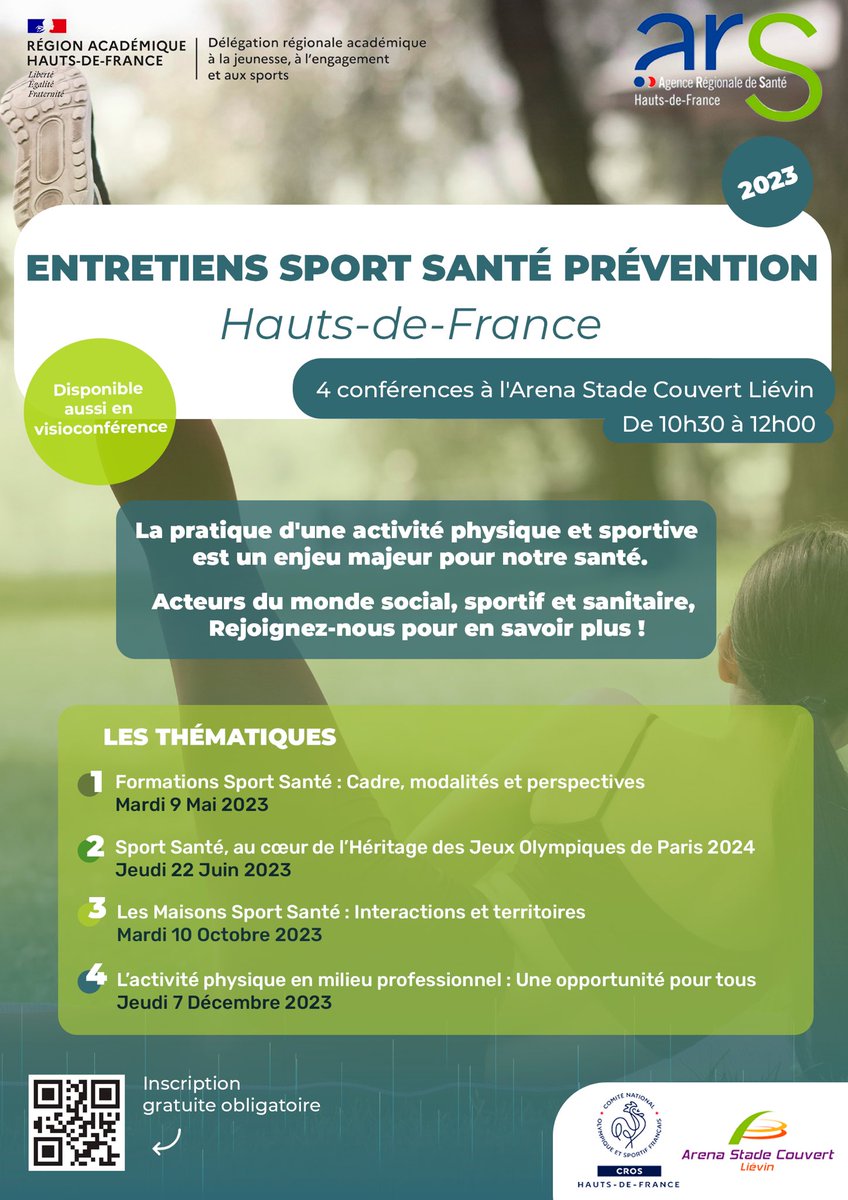 [J-15▶️1er Entretien Sport Santé Prévention🚶🏽🏃🏿‍♀️🧘🏻‍♀️🚴‍♂️]
La DRAJES <a href="/hautsdefrance/">Région Hauts-de-France</a> + l’<a href="/ARS_HDF/">ARS Hauts-de-France</a> initient cette dynamique #sportsanté à l’<a href="/ArenaLievin/">Arena Stade Couvert-Liévin</a>, en distanciel ou replay pour fédérer les acteurs + ↗️ #compétences #litteratie 👊🤩Inscription➡️sportsantehdf.fr <a href="/hautsdefrance/">Région Hauts-de-France</a>