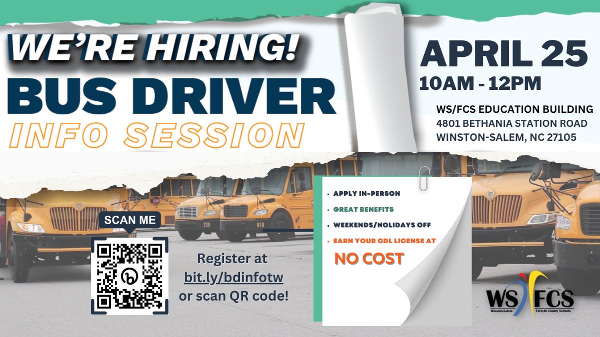 Today is the day! Join us from 10 am - 12 pm at our Education Building for our Bus Driver Info Session, where you can learn about the benefits of being a Driver for WS/FCS! We hope to see you soon! #hiringevent #ncworks #ncjobs #careeropportunities