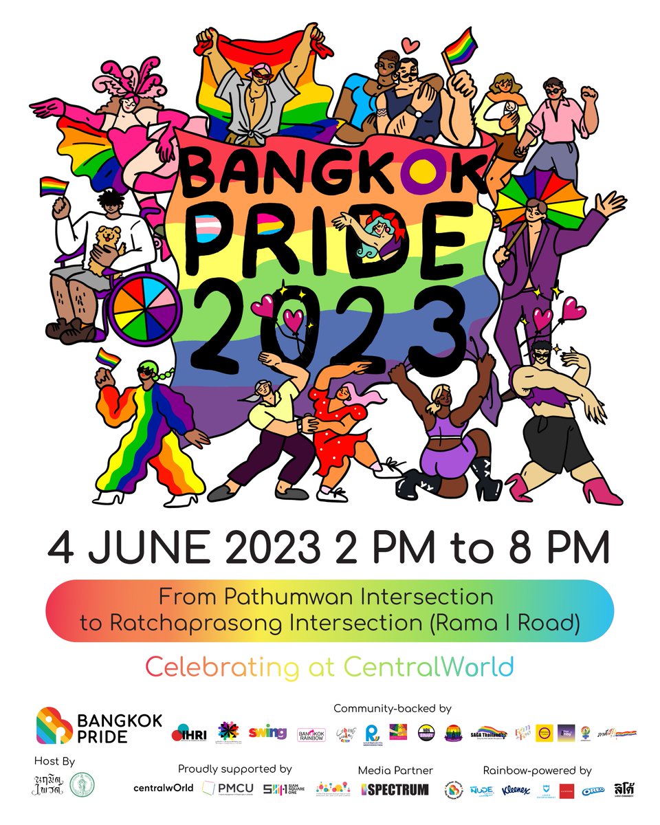 bangkokpride_'s tweet photo. 🏳️‍🌈 บางกอกไพรด์กลับมาแล้ว!
แล้วพบกัน 4 มิถุนายนนี้ 

📢 รวมตัวบริเวณแยกปทุมวันมุ่งสู่แยกราชประสงค์ 
(ถนนพระราม 1)

✨พาเหรดที่พร้อมต้อนรับทุกความฝัน ความหวัง ความภาคภูมิ มาปรากฏตัวท่ามกลางความอบอุ่น ปลอดภัย และสนุกสนานพร้อมกัน!
#Bangkokpride2023
#บางกอกไพรด์2023 https://t.co/HXlxn2cSYk
