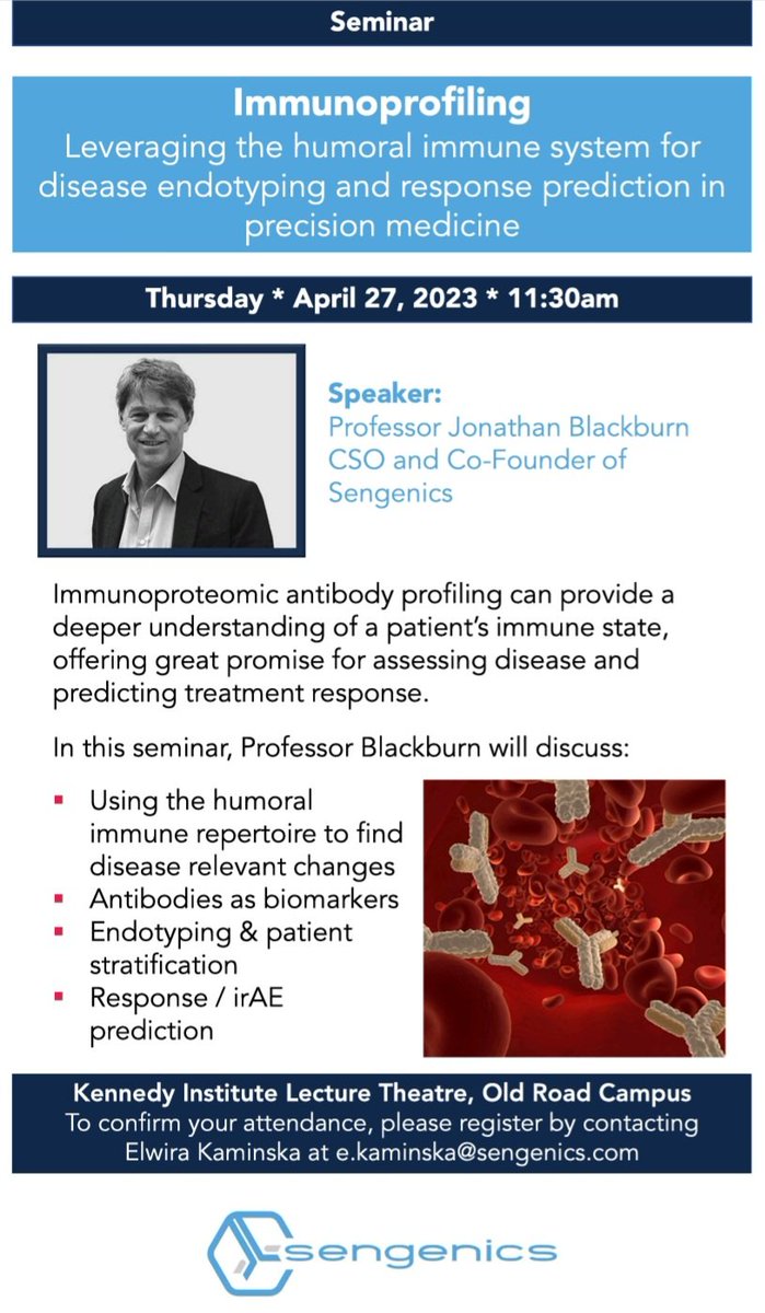 I am super excited about our first seminar in Oxford! <a href="/Sengenics/">Sengenics</a> CSO will give a talk this Thursday at <a href="/KirOxford/">Kennedy Institute of Rheumatology</a>. Please message me if you would like to attend (e.kaminska@sengenics.com). 🍕🤭 #immunoprofiling #autoantibodies #immunoproteomics
#precisionmedicine