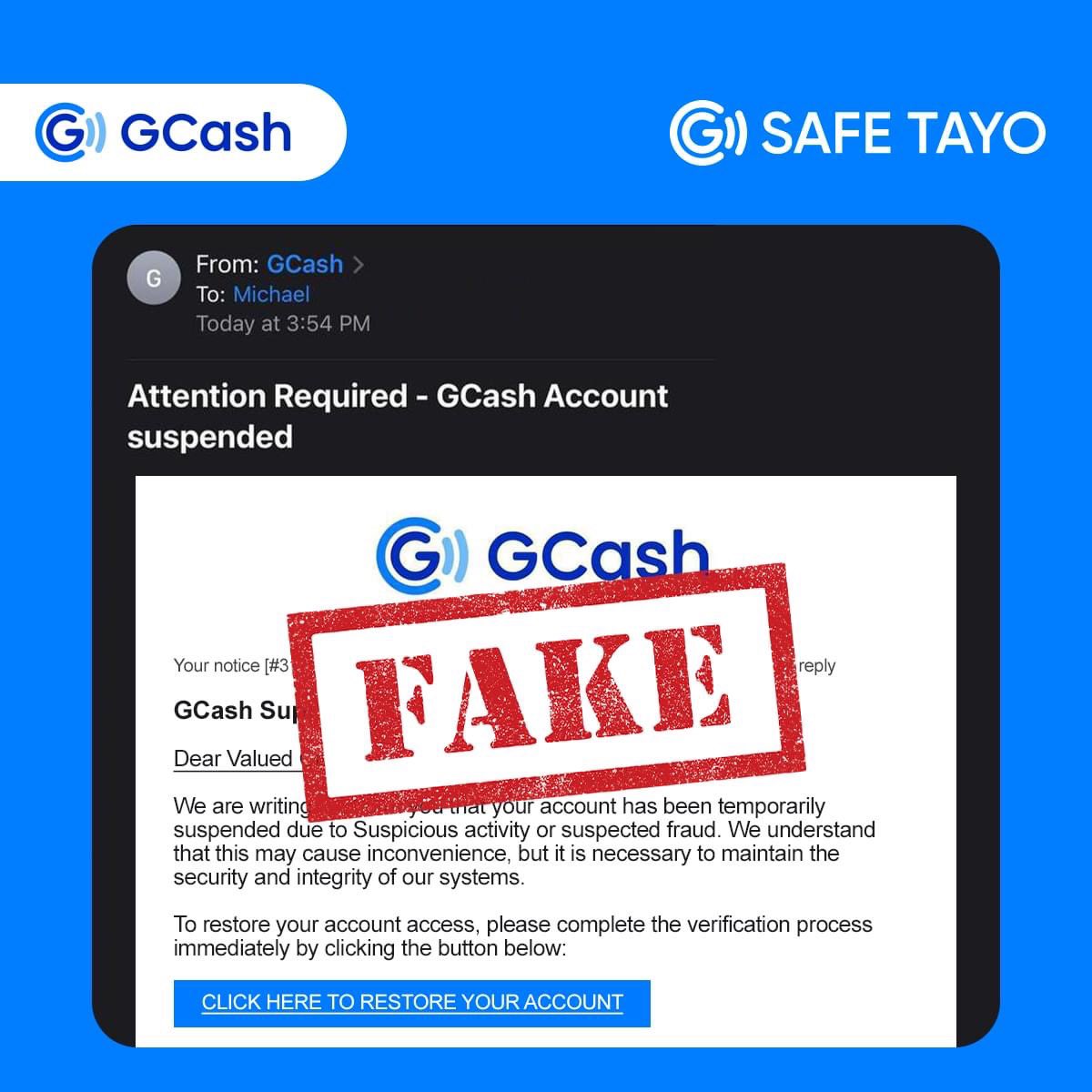 gcashofficial's tweet photo. Maging alerto sa mga kumakalat na fake emails about GCash Account Suspension. Kapag may natanggap na email tungkol dito, ‘wag maniwala! Hindi nagse-send ang GCash ng anumang links via email. https://t.co/xET8Otn3vE