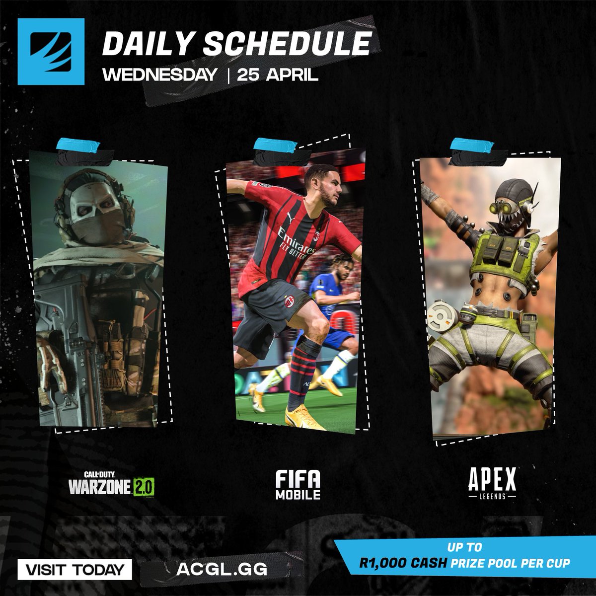 AfricanGaming's tweet photo. 📅 Wednesday night's online cups:

🪂 #Warzone2
⚽️ #FIFAmobile
🅰️ #ApexLegends

💰 Up to R1,000 cash per cup.

📝 Register for free: https://t.co/2wjHldtuAR

#WarzoneZA #FIFAza #ApexZA #AfricanEsports #esportsZA #esports #AfricanGaming #gamingZA #gaming https://t.co/g7tIe5CAg8