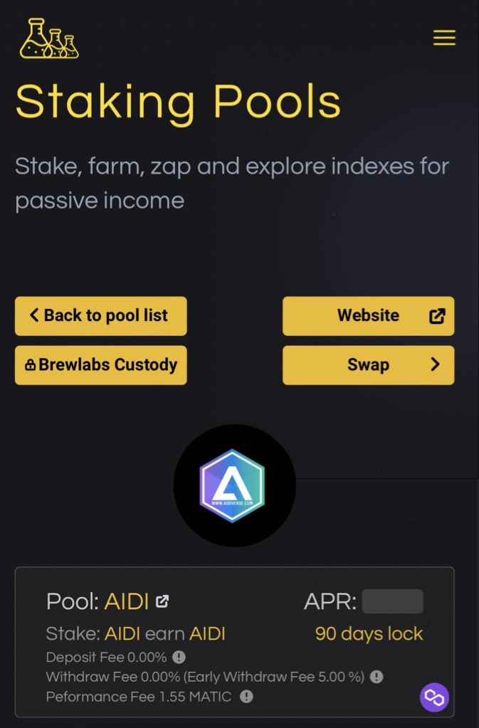 Our $Aidi staking pool is now open for our holders to deposit and earn themselves more tokens.

Our pool will be gradually filled up over time as we generate more revenue from our products. 
Lock in for 90 days and still earn your matic rewards. Easily harvest or compound your